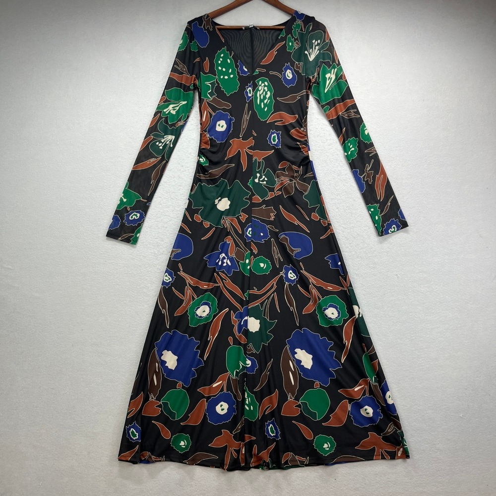 Cleobella Maxi Dress Womens M Black Floral Mesh Long Sleeve V-Neck Boho Retro